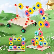 可旋转木制齿轮积木套装，STEM教育DIY拼装玩具，科学启蒙工具，男孩女孩节日礼物 - 彩色 - 查看 5