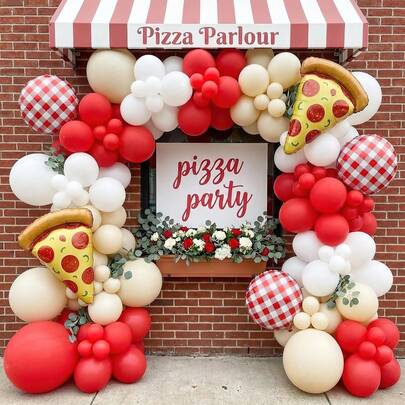 This 119-Piece Pizza-Themed Party Balloon Arch Set Includes Red, White, Sand, And White Latex Balloons, Checkered Foil Balloons, And Pizza-Shaped Foil Balloons. It Is Suitable For Italian-Themed Birthday Parties, Baptism Parties, And Gender-Revealing Decorations.