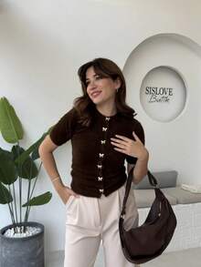 女士休闲针织短袖套头毛衣 - 巧克力棕 - 查看 6