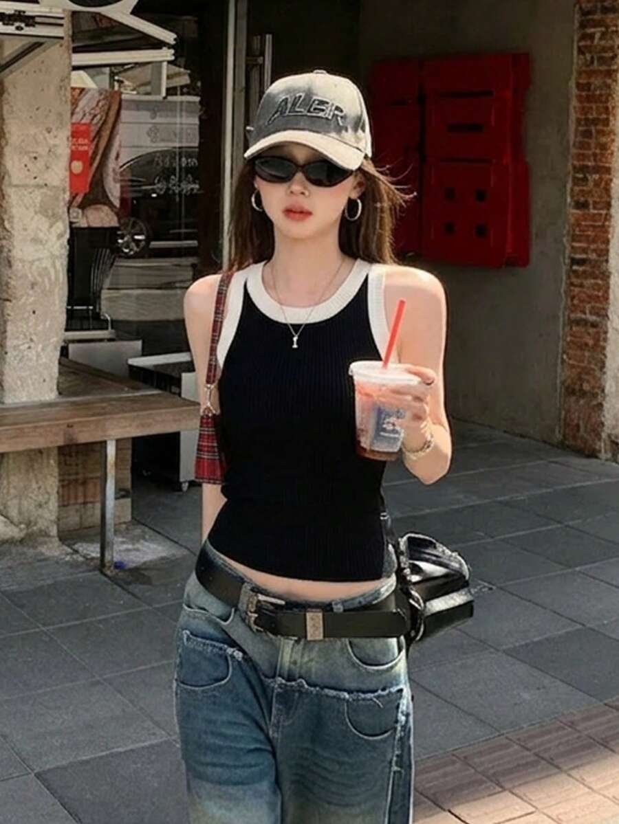 Áo tank top hai dây dệt kim sọc tương phản mới mùa hè, đa năng, gợi cảm, tối giản. - màu đen - Xem 1