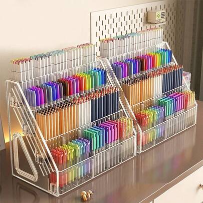 1个大容量亚克力笔筒，桌面收纳架，可收纳画笔、马克笔、化妆刷等，也适用于婴儿房、办公用品，节省空间设计，适合家庭、办公室、学校等场所使用，桌面配件