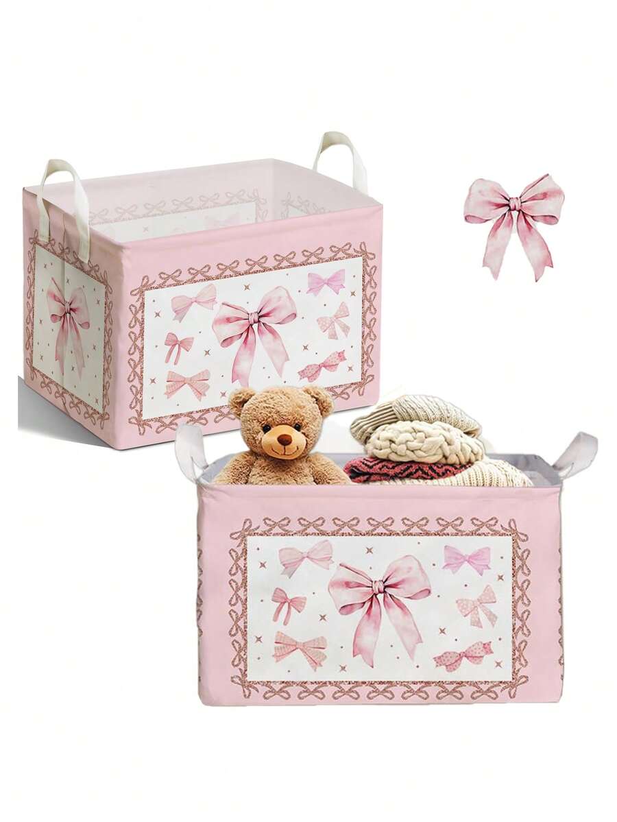 粉色蝴蝶结可折叠收纳盒,防水玩具衣物收纳箱,儿童房适用,可爱粉色蝴蝶结布艺篮,男女童卧室装饰,蝴蝶结装饰婴儿派对收纳整理篮,女孩生日礼物 - 彩色 - 查看 1
