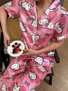 Sanrio Hello Kitty 2026 Women's Silk Pajama Set, Short Sleeve Button Front Lapel Bow Cartoon Cute Front Button Pocket Contrast Trim - Pink - View 6