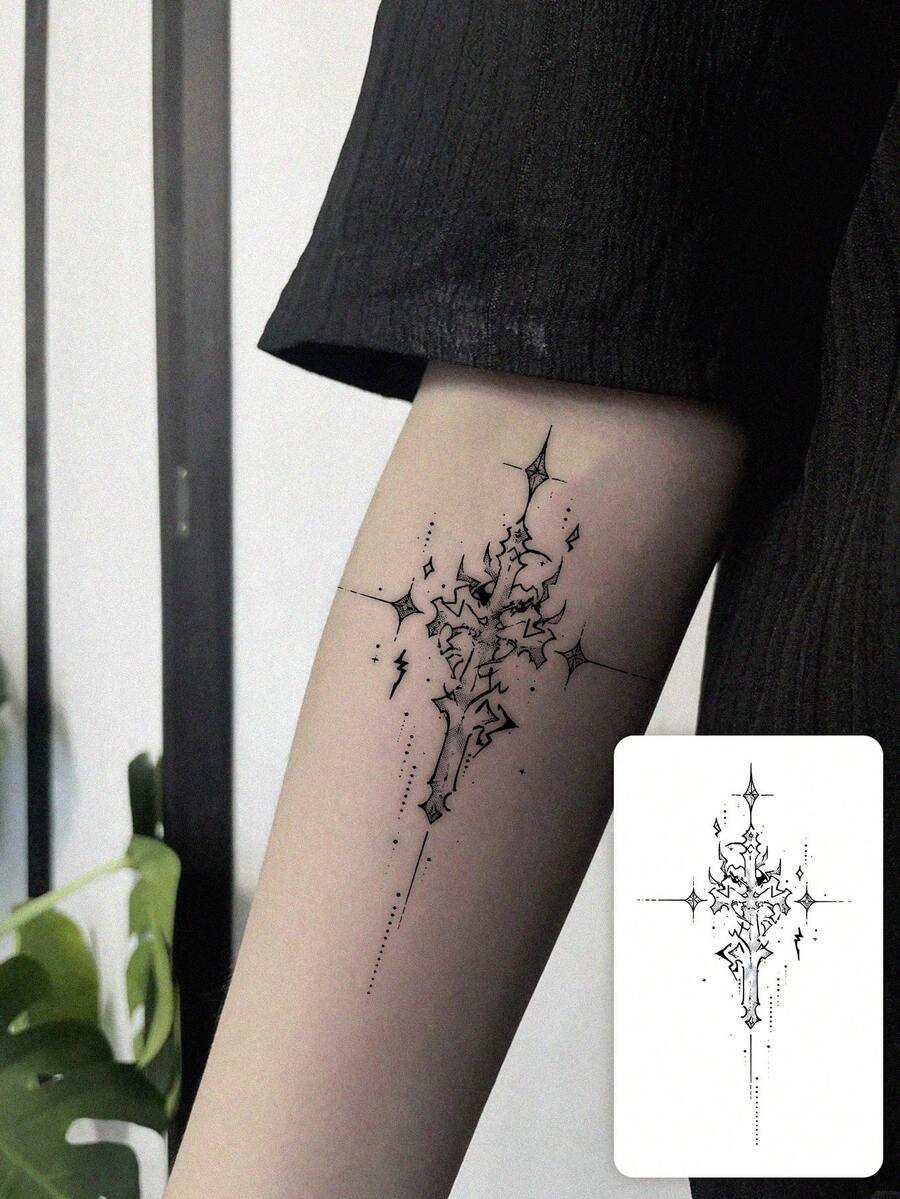 1 pièce Tatouage temporaire durant 7-14 jours, tatouage autocollant gothique abstrait mystérieux de sombres épines et d'étoiles, tatouage personnalisé imperméable et cool aux herbes, convient pour tous - noir - Voir 1