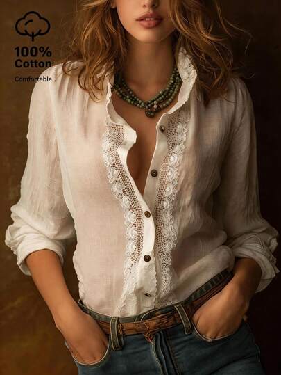 Áo sơ mi nữ bằng cotton nguyên chất, màu trơn, phối ren Pháp, kiểu dáng retro, tay dài, cổ đứng, dáng rộng và đa năng; thích hợp mặc mùa hè, mùa xuân, áo sơ mi nữ thường ngày, áo sơ mi nữ công sở, áo sơ mi nữ thanh lịch.