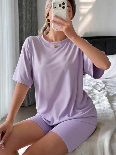 2pcs Women's Elegant & Comfortable Pajama Set, Including Short Sleeve Top And Cycling Shorts, Solid Color, Suitable For Spring And Summer Wear