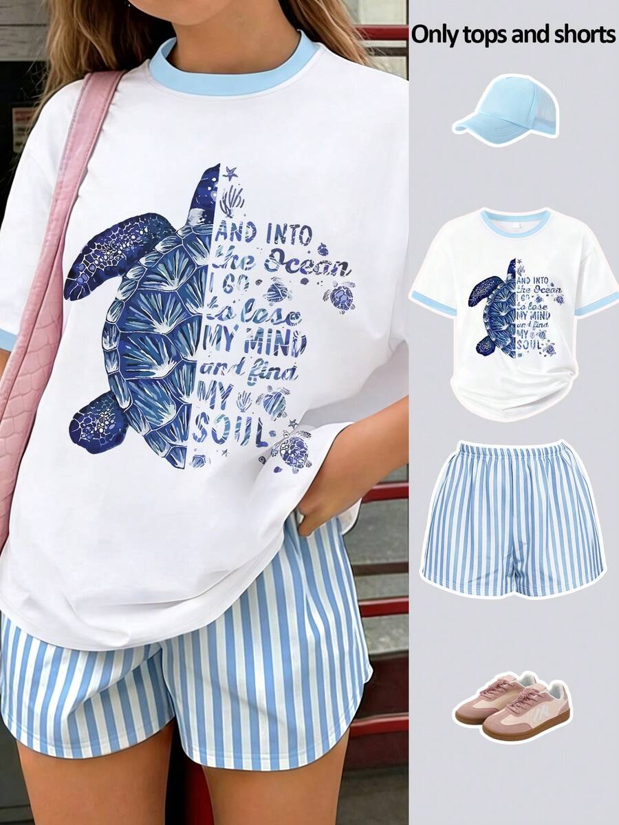 Bộ 2 món phong cách tươi mát & chữa lành cho bé gái, áo thun họa tiết rùa biển màu nước dáng rộng phối quần short kẻ sọc, trang phục thời trang thường ngày du lịch dạo phố - Màu xanh lam - Xem 1