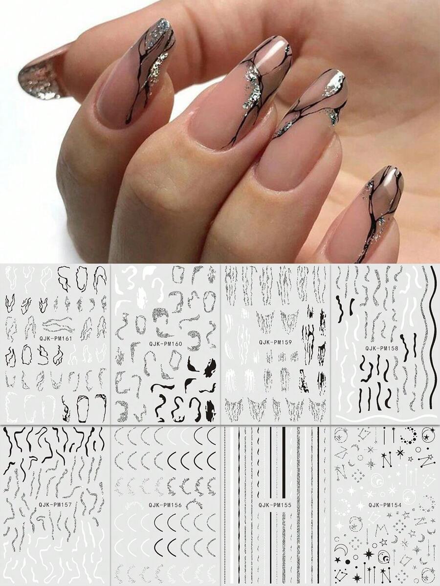 8 miếng dán móng tay họa tiết đường kẻ trừu tượng màu đen, trắng và bạc, phong cách tối giản Y2K, hình lượn sóng, trăng lưỡi liềm, ngôi sao, thích hợp cho lễ hội âm nhạc/tiệc punk/tự làm hàng ngày, quà tặng ngày lễ, DIY, Y2K