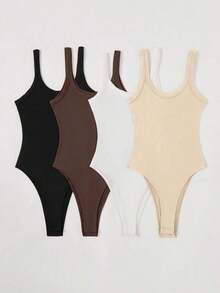 BASICS 4pcs/Set Women Solid Color Knit Bodysuit, Casual Style Brown/Summer - Nhiều màu - Xem 1