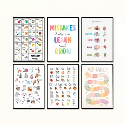 1/Set de 6 Pósteres de Arte en Lienzo para Habitaciones, Decoración del Hogar, Decoración de Habitación, Opciones Enmarcadas y Sin Enmarcar, Conjunto Educativo y de Desarrollo para la Primera Infancia (Reconocimiento de Letras y Sensorial), Arte Decorativo con Tema de Crecimiento para Guarderías, Decoración de Habitación, Artículos de Decoración de Habitación, Decoración de Sala de Estar/Dormitorio/Oficina