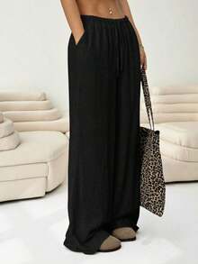 Solflare Plus Size Women Apricot Drawstring Waist Wide Leg Casual Pants Summer Pants,Business Casual Woman - 黑色 - 查看 5