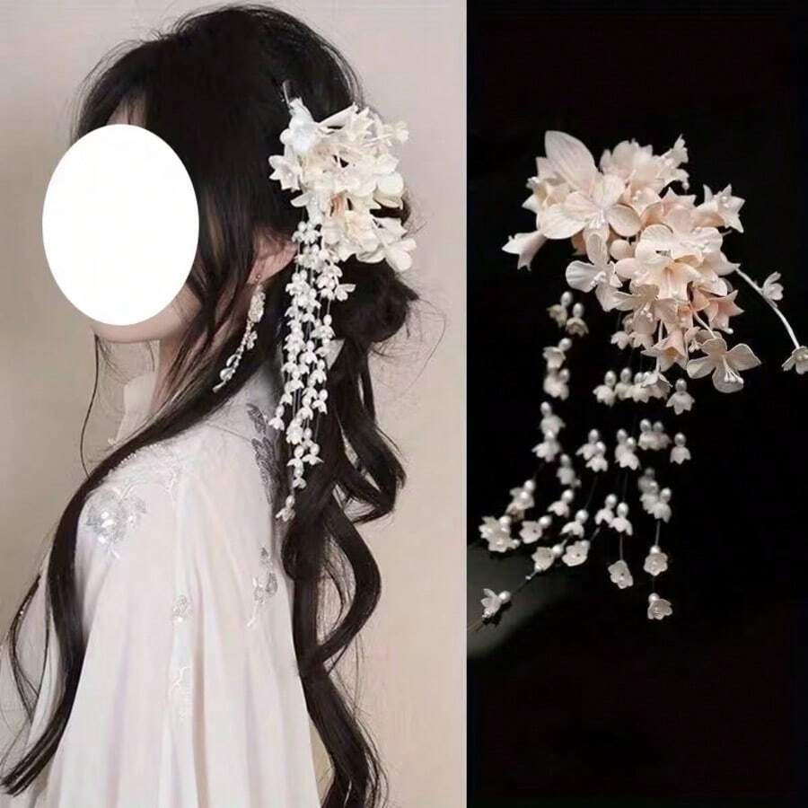 Kẹp tóc tua rua hình hoa linh lan, mặt dây chuyền hình hoa ngọc trai giả. - Nhiều màu - Xem 1