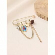 1pc Classic Stainless Steel Jesus Mary Holy Cross & Heart Pendant Tassel Brooch Pin, Suitable For Women Clothing Waist Chain, Hat Decor, Versatile Accessory - Vàng - Xem 4