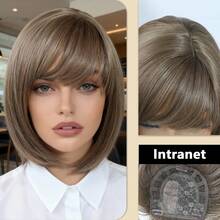 12-Inch Short Wavy Bob Wig With Bangs - Layered Golden Blonde Bob Wig With Bangs, Short Hair, Natural Ombre Golden Straight Hair, Heat Resistant Synthetic Wig Suitable For Caucasian Women - Multicolor - View 15