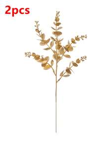 2pcs Artificial Golden Glitter Eucalyptus Leaves, Plastic Reeds Shrub, Suitable For Indoor/Outdoor Party Wedding Tabletop DIY Decor - Gold - View 7