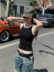 夏季新款针织撞色条纹百搭性感简约吊带背心 - 黑色 - 查看 9