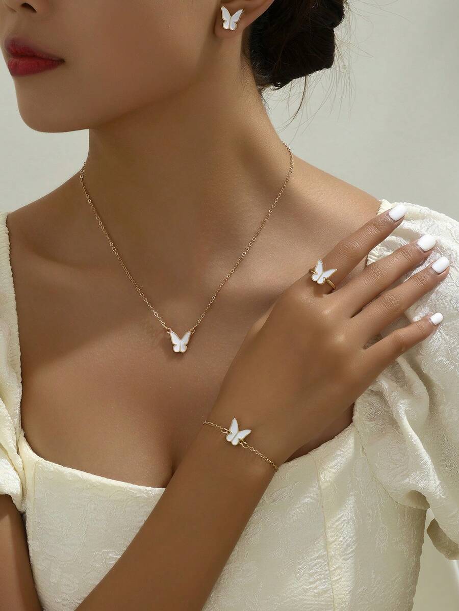 5件套蝴蝶吊坠首饰套装，包括耳环、项链、手链、戒指，女士款 - 蝴蝶 - 查看 1