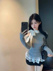 时尚优雅甜美可爱不对称肩带系带女式衬衫 - 灰色 - 查看 6