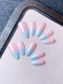 10 Pieces Of Handmade Press On Nails, Nail Kit, Supplies Nails,Nails Charms Nails,Short Nails, Fake Nails, French Tip Nails, Almond Nails, Y2k,Cute Nails, Blue Nails,Pink Nails, White Nails, Silver Nails, Gold Nails,Nails With A Sparkling Silver Edge Outlining The French Style, Simple Style Suitable For Daily Use By Ladies And Girls. - Dusty Blue - View 4