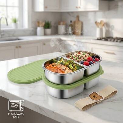 1pc/2pcs 304 Stainless Steel Lunch Box, Reusable Leak Proof Bento Box, Portable Large Capacity Lunch Container, Fruit Salad Food Storage Container, Dishwasher & Microwave Allowable, Suitable For Student And Adult Use In School, Office, Outdoor Camping, Picnic, Travel, Back To School