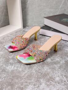 Giày sandal cao gót nữ, thiết kế đính sequin nhiều màu sắc, mũi vuông, gót thấp, sandal vàng, thanh lịch và thời trang, sandal công chúa mùa hè đính đá lấp lánh, lý tưởng cho các dịp trang trọng như đám cưới, tiệc tùng, hẹn hò. Thiết kế xỏ chân tiện lợi, giày cao gót và dép cao gót đính pha lê nhiều màu sắc, hoàn hảo cho những buổi khiêu vũ cuối tuần. - Nhiều màu - Xem 5