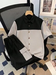 两件套青少年男童春夏短袖短裤套装，通勤风黑色和卡其色撞色设计，木质纽扣+工装口袋，简洁利落，适合上学、通勤、周末外出——稳重时尚的青少年服装 - 杏色 - 查看 6