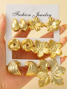 12pcs Men's Fashion Earring Set, Including Everlasting Flower, Round Wrapped, Five-Petal Flower, Small Teardrop, Left & Right Floral Designs, ABS Resin Material With UV Plating, Hypoallergenic Thick Gold Earrings, Elegant For Daily Wear, Parties, Gifts For Friends, Wives, Mothers - Gold - View 5