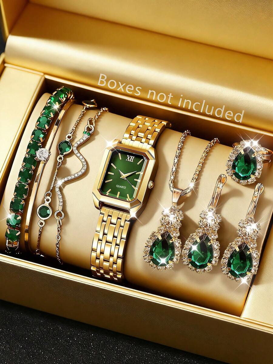 Bộ 1 món/5 món/9 món sang trọng màu xanh lá cây dành cho nữ: Đồng hồ thạch anh mặt chữ nhật thanh lịch, vòng tay pha lê kiểu dây rắn, dây chuyền và bông tai - Thích hợp để đeo hàng ngày hoặc làm quà tặng dịp lễ. - Vàng - Xem 1