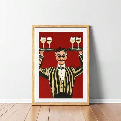 1 pieza/Set Arte de pared de lona vintage divertido, cartel de lona con camarero retro con copas de vino, decoración de bar y cocina, pintura estética para el hogar, comedor, regalo de fiesta, pinturas de lienzo, sin marco incluido