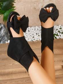 Giày sandal cao cổ kiểu La Mã thắt nơ mùa hè mới cho nữ, đế bằng, khóa kéo phía sau, kiểu dáng thường ngày, đa năng, phù hợp đi làm. - màu đen - Xem 2