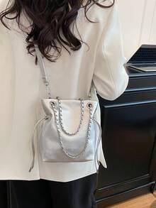 Bolso de cubo de moda, bolso de hombro versátil para ir y venir, bolso cruzado con cadena, bolso de mujer de calidad única - Plateado - Ver 2