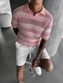 Men's Hollow Out Semi-Sheer Striped Knit Short Sleeve Polo Shirt, Comfortable Breathable Lightweight Knit Top For Casual Wear, Suitable For Vacation And Valentine's Day - Hồng - Xem 2