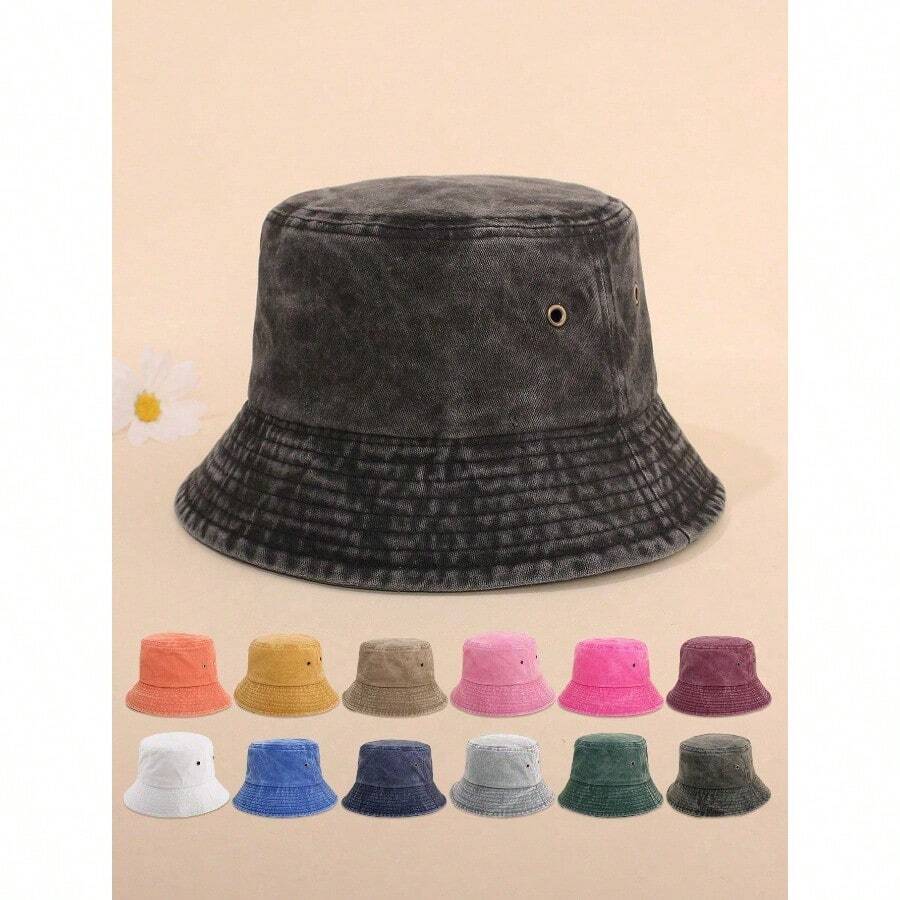 1pc Unisex Solid Color Retro Foldable Bucket Hat, Vintage Washed Outdoor Sun Protection Hat, Suitable For Everyday Use - 彩色 - 查看 1