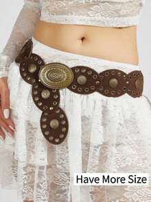 1pc Bohemian Western Style Women's Belt, Boho Belt, Western Belt, Gothic Velvet Patchwork Belt, Fashion Accessory For Women, Autumn/Winter Coffee & Antique Bronze Floral Oval Buckle Belt, Dress Accessory, Party, Beach, Music Festival, Y2K Style Belt, Valentine's Day Gift, Available In Plus Size - 咖啡 - 查看 2
