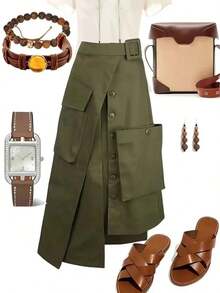 Women's Solid Color Asymmetric/Asymmetrical Casual Skirt, Suitable For All Seasons, Black Cargo Skirt Spring - Khaki - View 10
