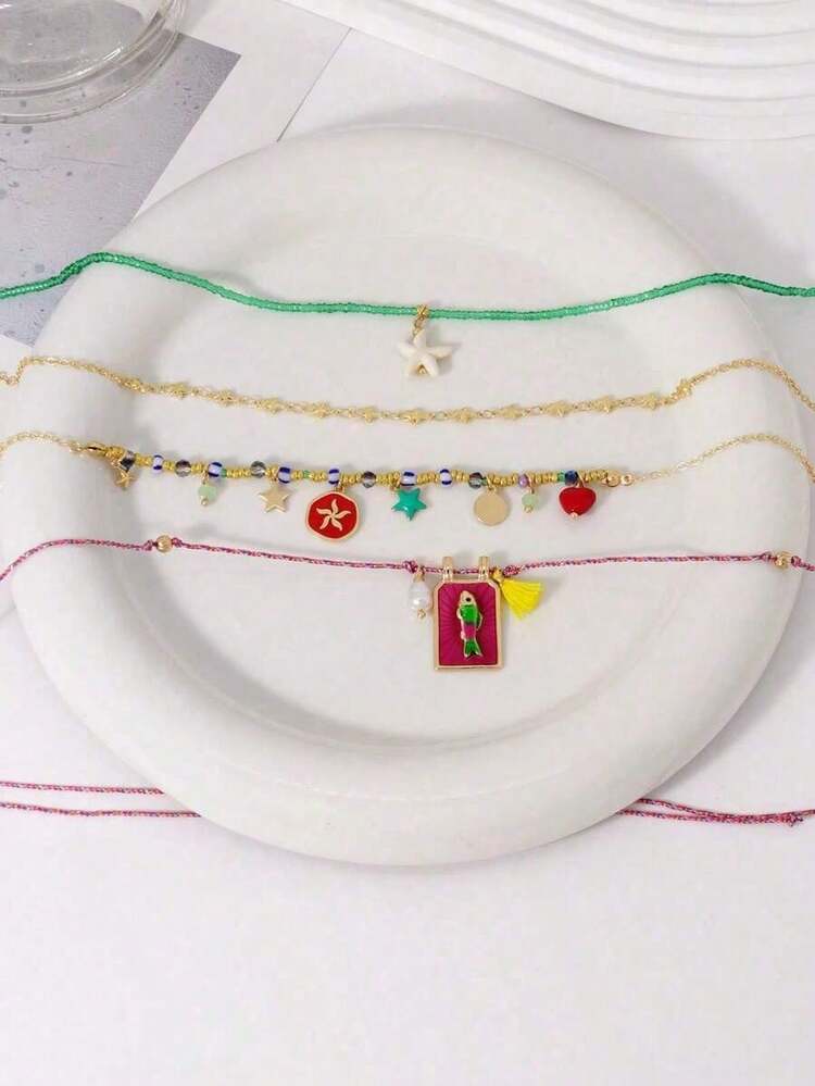 4pcs Bohemian Handmade Beaded Colorful Square Fish & Starfish Pendant Multilayer Necklace Set For Women, Suitable For Daily, Party, Beach, All Seasons  Boho    Zinc Alloy - Nhiều màu - Xem 4