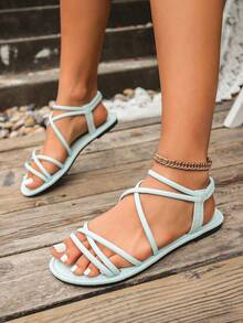 新款时尚平底套脚凉鞋，夏季罗马风露趾编织带无后跟平底鞋，舒适休闲鞋，适合日常穿着，时尚露趾设计，透气百搭，交叉绑带平底凉鞋，黑色、米色、卡其色、绿色 - 薄荷綠 - 查看 8