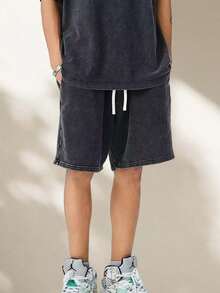 Men's Washed Vintage Shorts Casual Relaxed Fit Drawstring Waist Beach Shorts Streetwear Style Street Wear - 黑色 - 查看 10