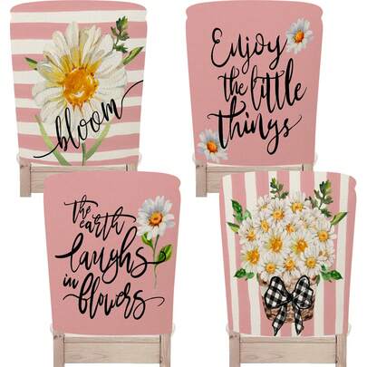 1pc/4pcs Pink Daisy Letter Chair Back Cover Protector, Spring New Polyester Washable Chair Slipcover Suitable For Home Dining Room, Living Room, Kitchen Decor