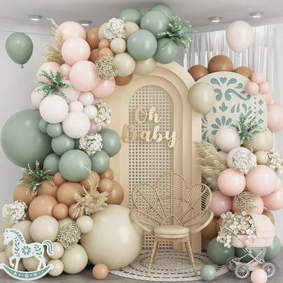 Bộ 109 bóng bay trang trí cổng vòm màu xanh lá cây nhạt, trung tính, gồm các màu xanh lá cây nhạt, màu nude, kem, cát, trắng, nâu nhạt, hồng pastel, bóng bay nhồi bông đôi, thích hợp trang trí tiệc mừng em bé, tiệc cưới, sinh nhật, tiệc phong cách Boho.