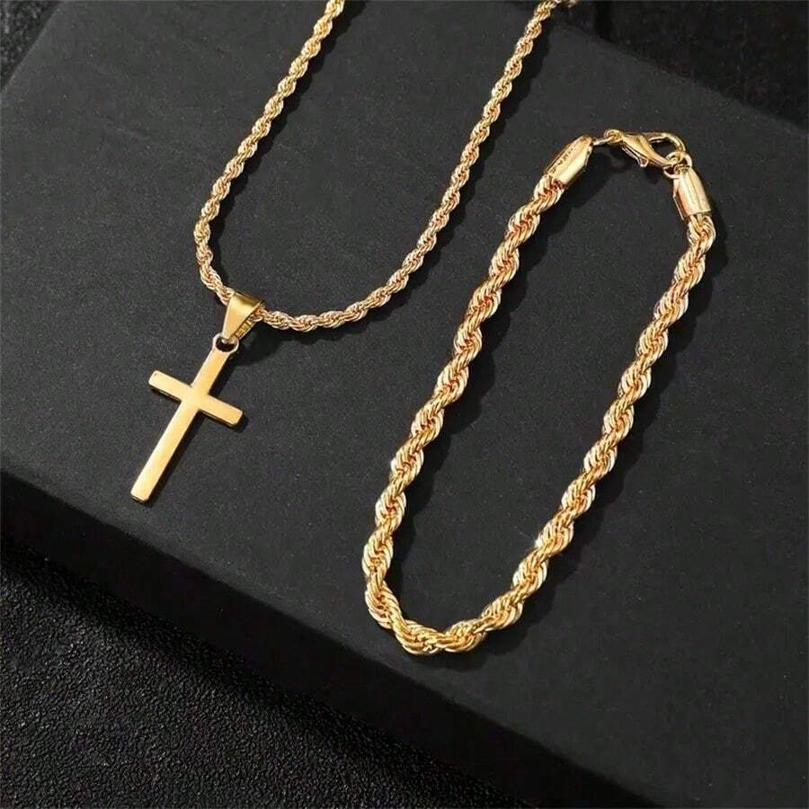 2pcs Men's Minimalist Casual Cross Jewelry Set - Fashion Necklace And Bracelet Combination, Versatile Men's Accessory School - Multicolor - View 1
