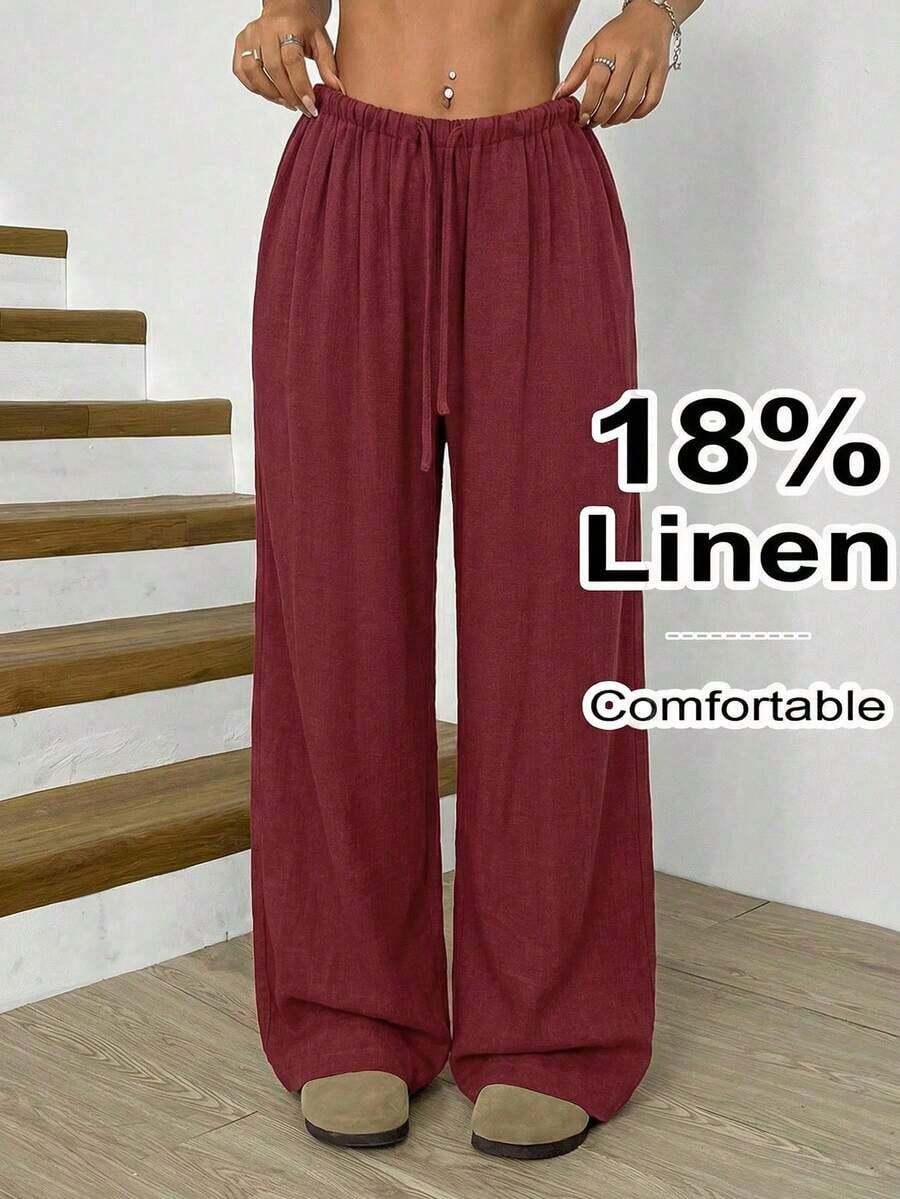 Solflare Plus Size Women Apricot Drawstring Waist Wide Leg Casual Pants Summer Pants,Business Casual Woman - 酒紅色 - 查看 1