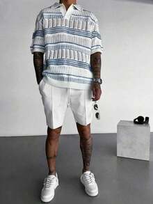 Men's Hollow Out Semi-Sheer Striped Knit Short Sleeve Polo Shirt, Comfortable Breathable Lightweight Knit Top For Casual Wear, Suitable For Vacation And Valentine's Day - 彩色 - 查看 6
