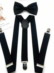 1 Bộ cà vạt nơ và dây đeo quần màu đen dành cho nam, kèm kẹp dây đeo quần. - màu đen - Xem 4