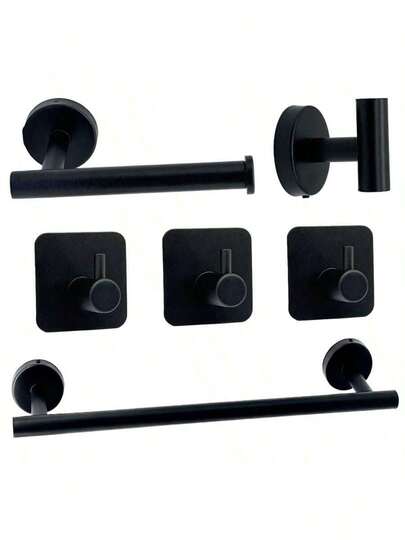 Bộ 6 phụ kiện phòng tắm bằng thép không gỉ, bao gồm thanh treo khăn, giá đựng giấy vệ sinh, móc treo tường, móc treo áo choàng, phù hợp với nội thất phòng tắm.