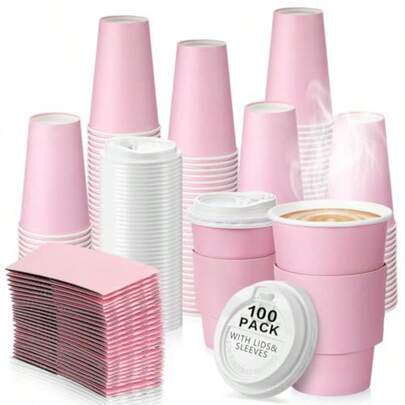 Tioncy Juego de 100 Vasos de Café Desechables de 16 oz con Tapas y Mangas Vasos de Papel Aislados Desechables para Viaje Caliente para Chocolate Caliente Cacao Café Té Cafeterías Suministros de