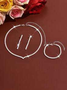 Bộ trang sức 4 món thanh lịch: 1 dây chuyền + 1 đôi bông tai + 1 vòng tay, phụ kiện cưới tối giản, thích hợp cho tiệc tối của phụ nữ, quà tặng ngày lễ. - Nhiều màu - Xem 6