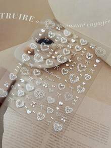 1片5D立体蕾丝爱心、蝴蝶结和珍珠自粘美甲贴纸 DIY美甲装饰 - 白色 - 查看 2
