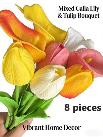 （8 件）逼真的仿真花卉组合，包含 4 朵睡莲和 4 朵郁金香，非常适合插花、活动装饰、婚礼桌面摆设、新娘礼物、乔迁礼物或周年纪念装饰、波西米亚风格家居装饰、盆景装饰、摄影、花卉装饰。
