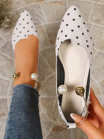 波点尖头鞋、珍珠装饰平底鞋、百搭通勤奶奶鞋